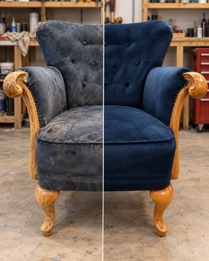 Sofa vor und nach der professionellen Polsterung und Restaurierung in Köln